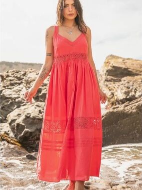 INMOD Red Maxi Dress with Lace Insets